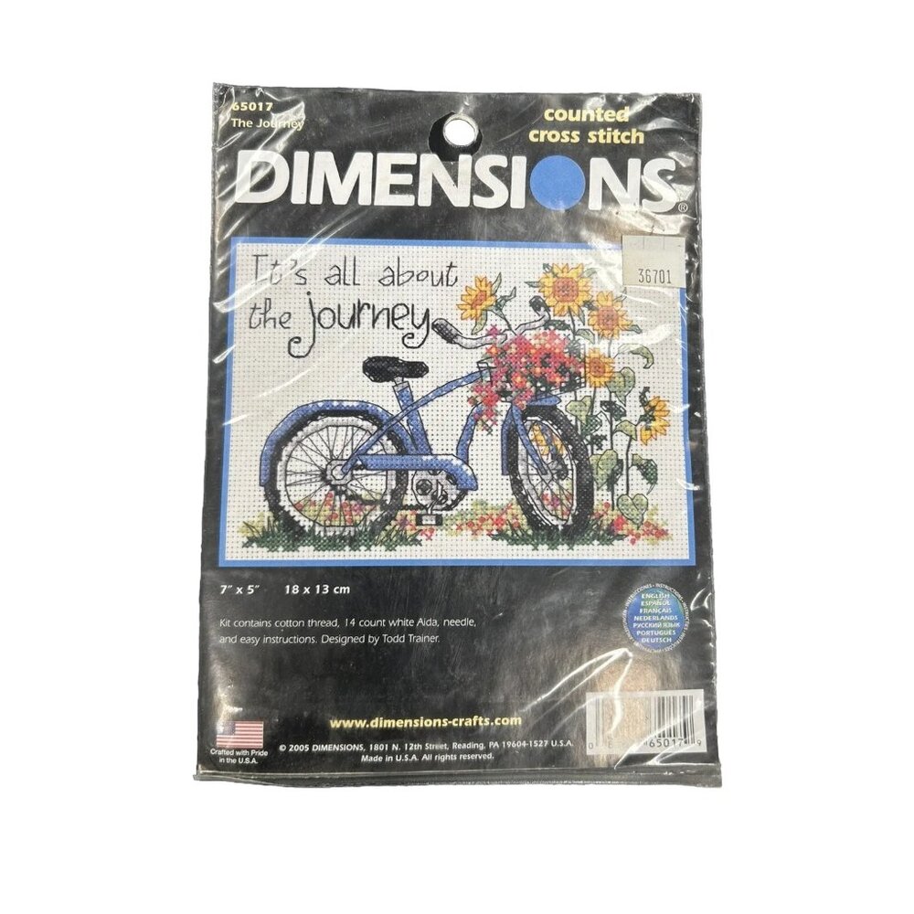 Dimensions Cross Stitch Kit "The Journey" 65017 Bike & Flowers Open Bag 7"x 5"